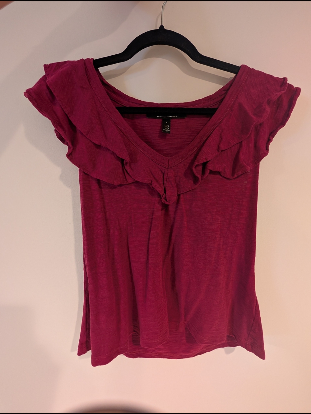 White House Black Market Cotton Blend Ruffled V-Neck Blouse in Berry